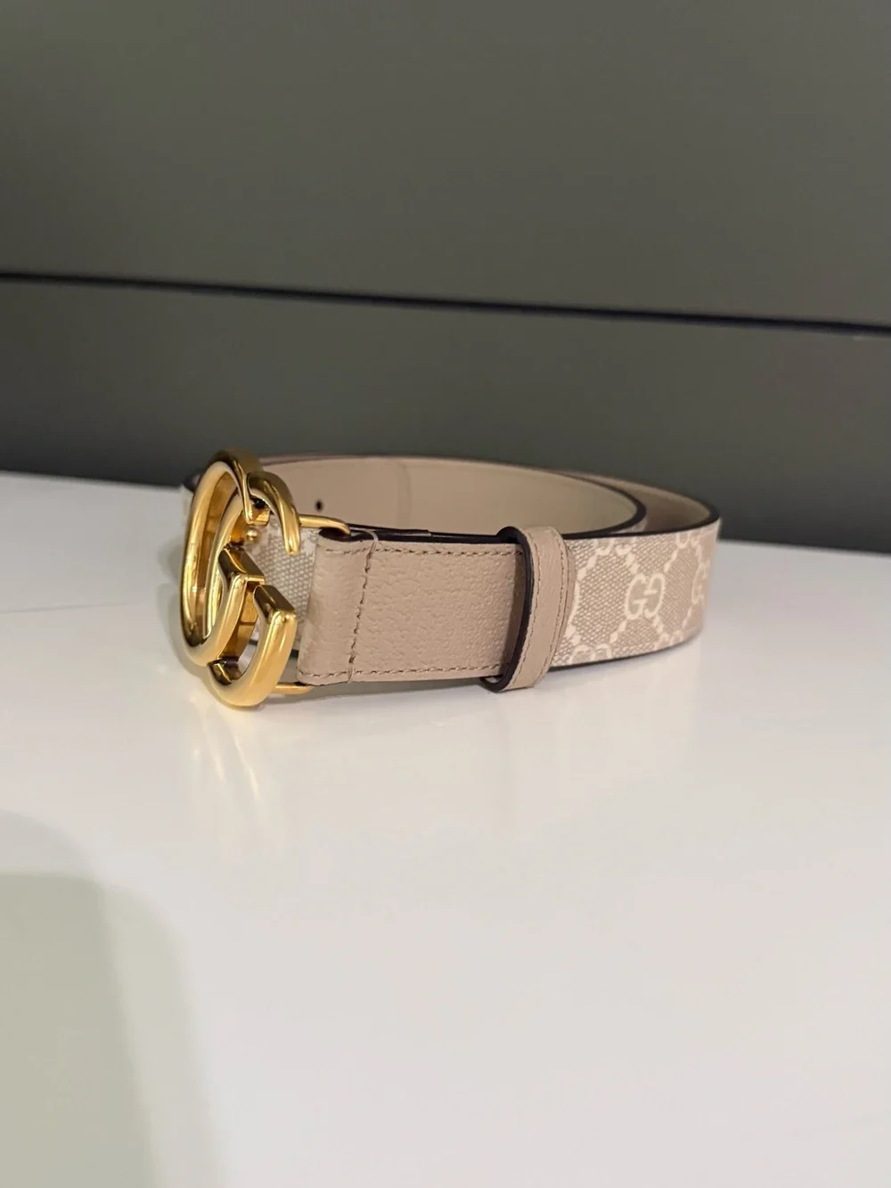 Gucci Beige GG Canvas Belt with Gold Double G Buckle